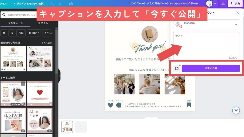 キャプションを入力して「今すぐ公開」